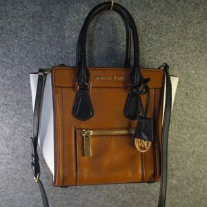 Michael Kors Medium Colette Satchel Crossbody Brown White Black Leather Bag